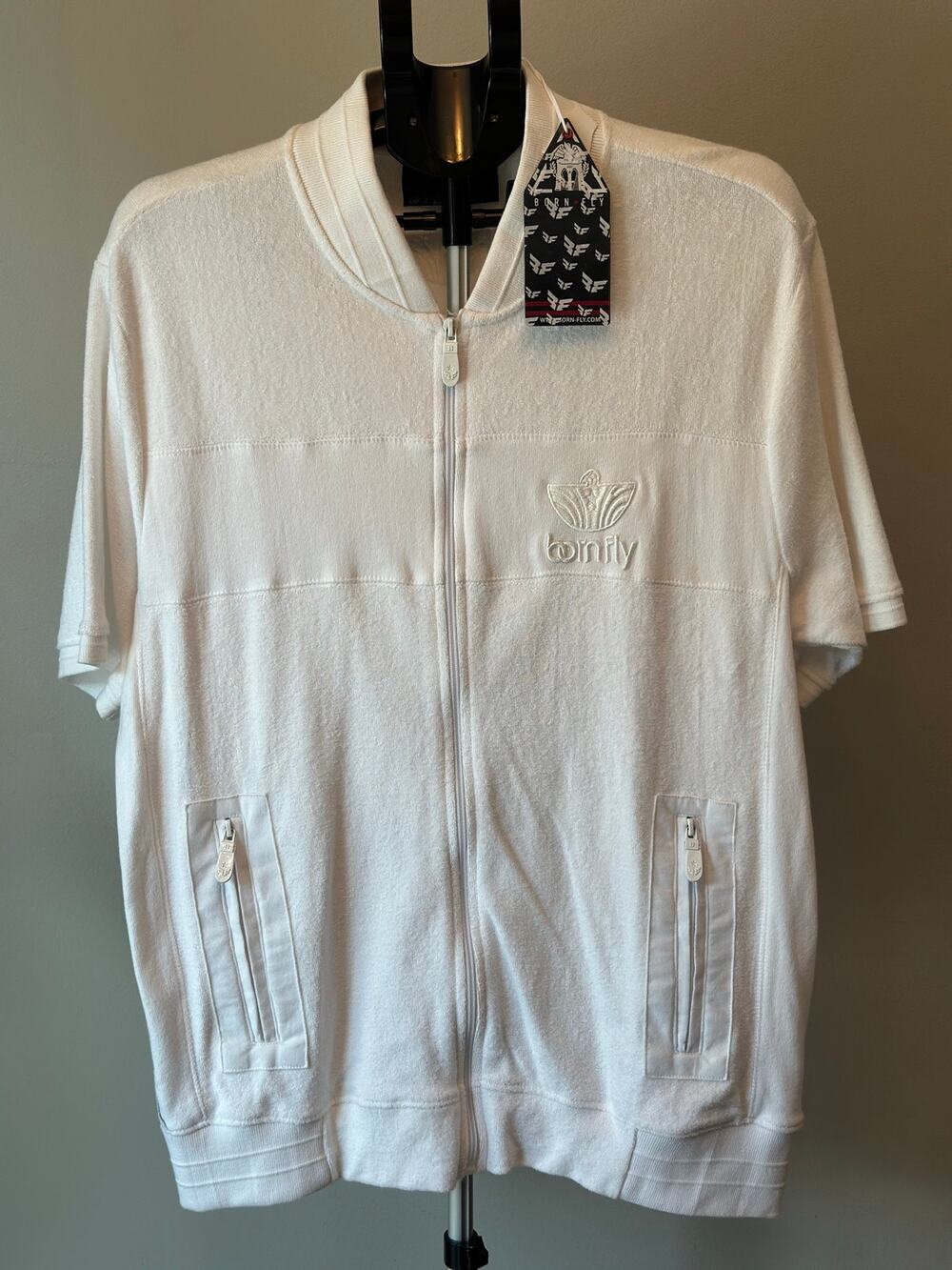 Born Fly‎ Terry Cloth Zip Up Shirt Mens Large White Short Sleeve Streetwear Y2K